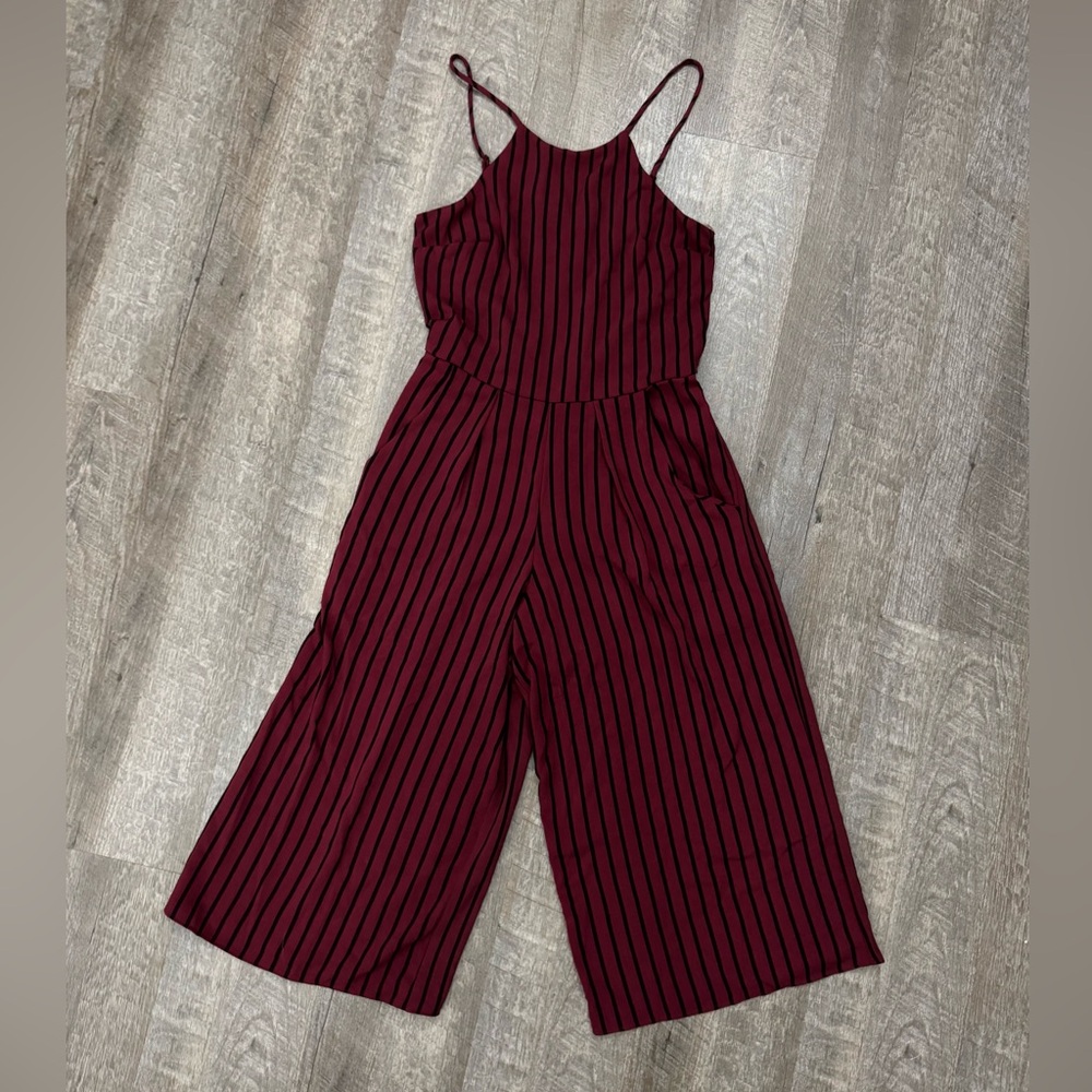 Burgundy Striped Wide Leg Cropped Jumpsuit Adjustable Sz S